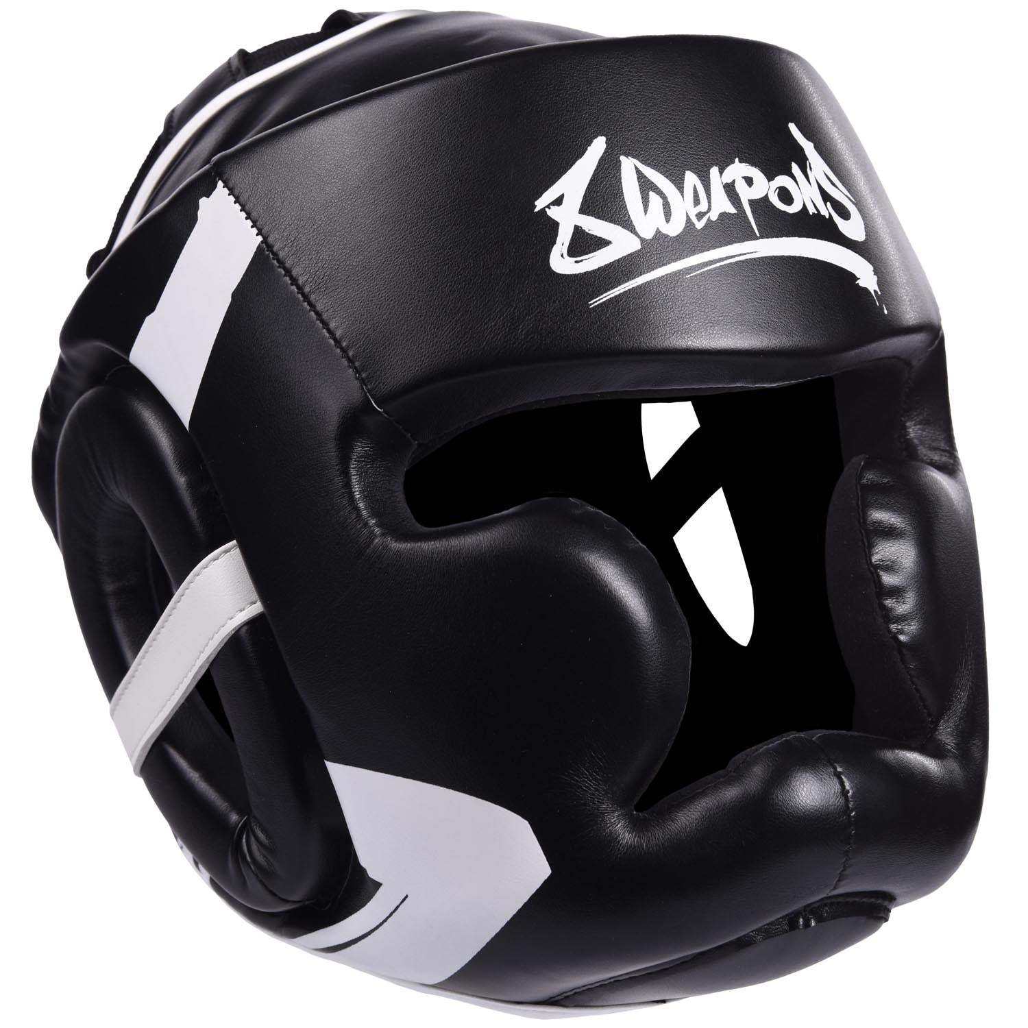 Casque de boxe 8 WEAPONS Unlimited noir blanc avec mousse haute densité et réglage auto-agrippant pour protection et confort optimal.
