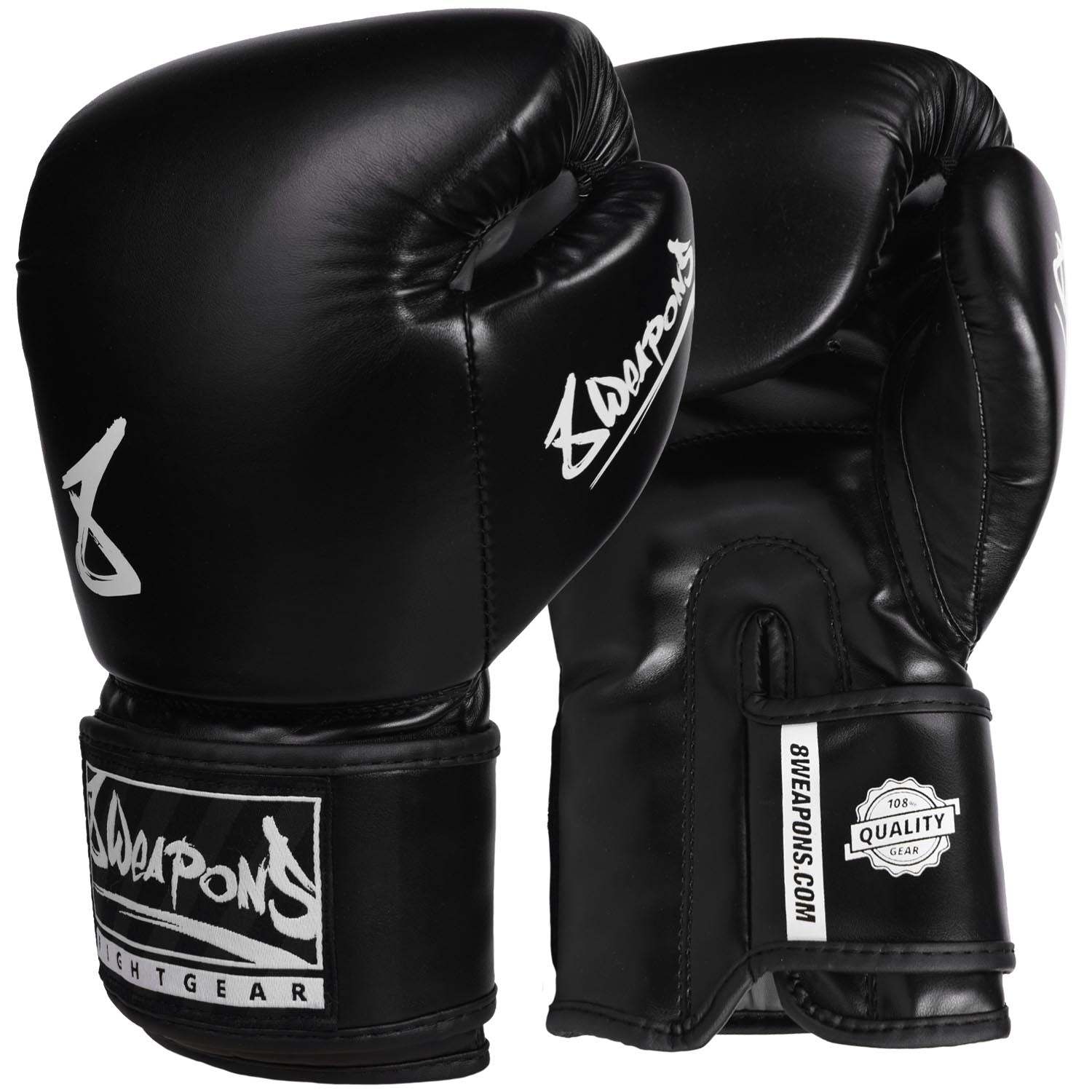 Gants de boxe 8 WEAPONS PURE noirs et blancs avec mousse haute densité et fermeture velcro large pour protection et confort
