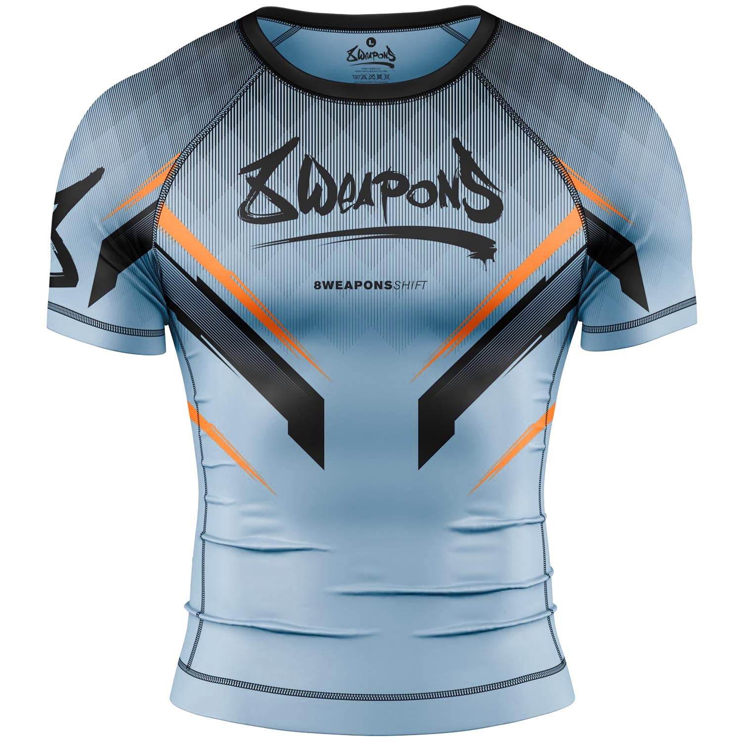 Rashguard manches courtes 8 WEAPONS Shift gris glacé orange coupe ajustée compression performance MMA