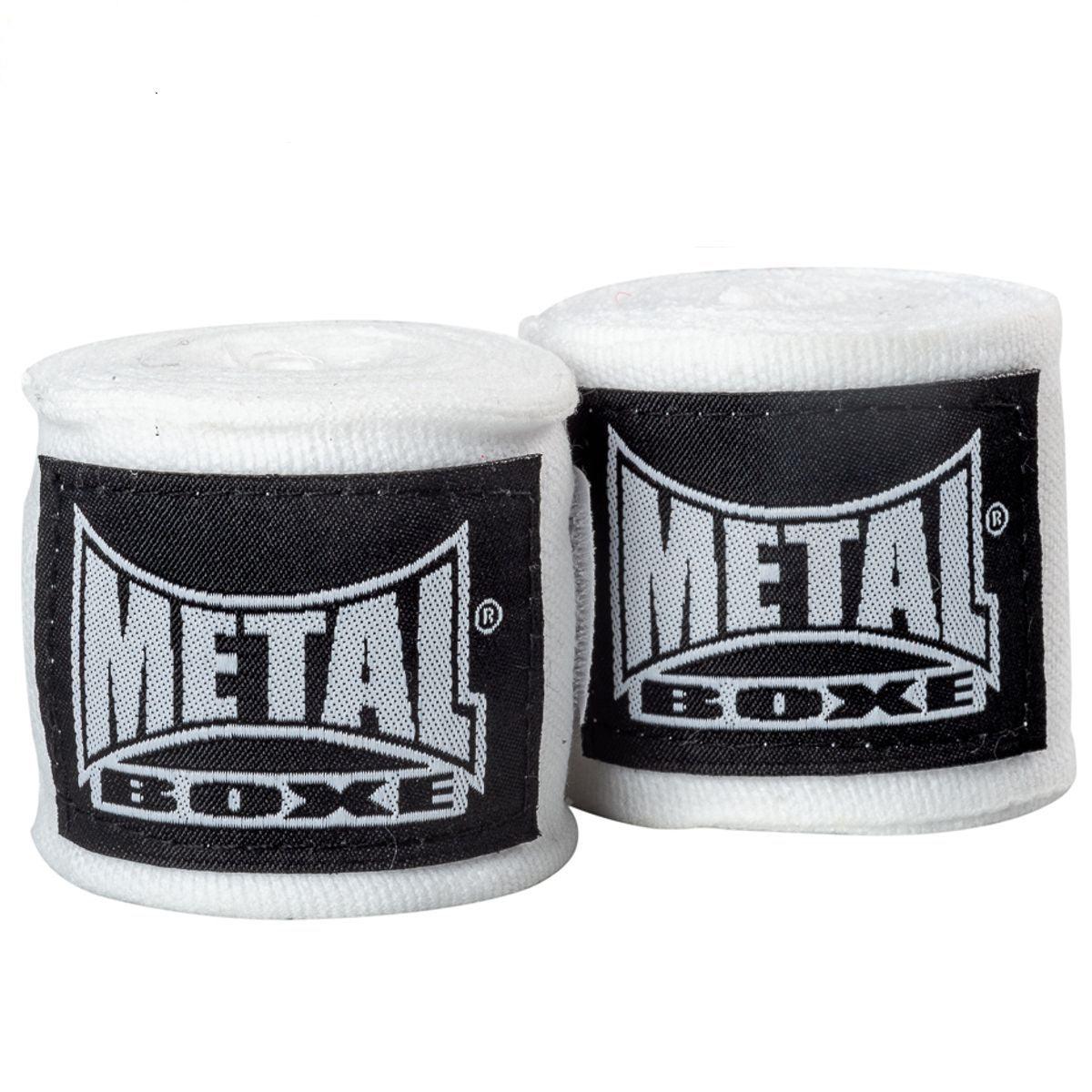 White Metal Boxe wrist wraps for boxing and combat sports, 250 cm long with thumb loop and adjustable Velcro closure.