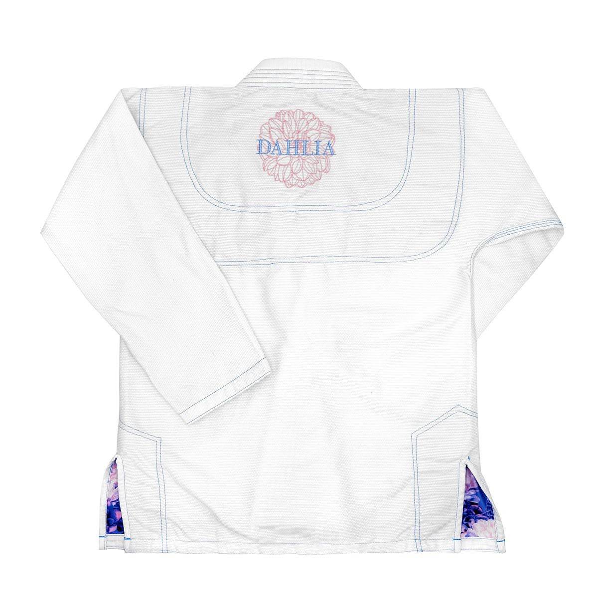White and blue Kimono BJJ Gi Dahlia FUJIMAE for women with embroidered back and floral inner lining