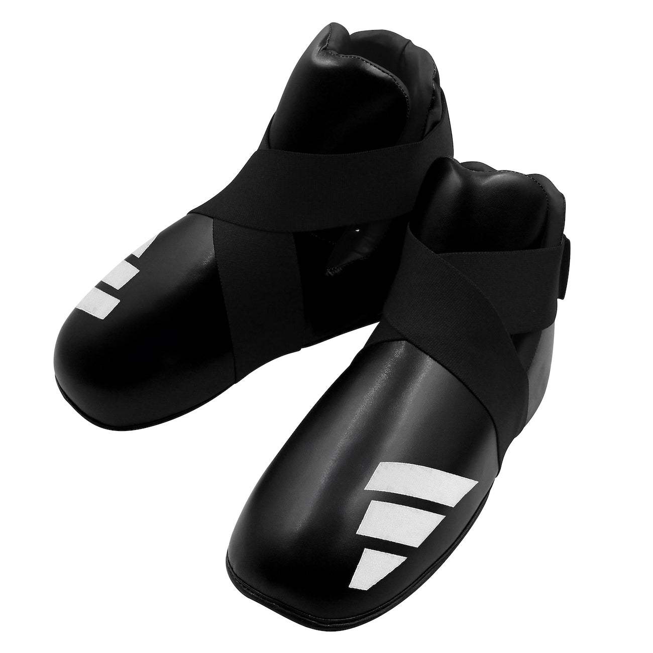 Black adidas Full Contact foot protectors with white logo and adjustable straps for martial arts training and competition.
