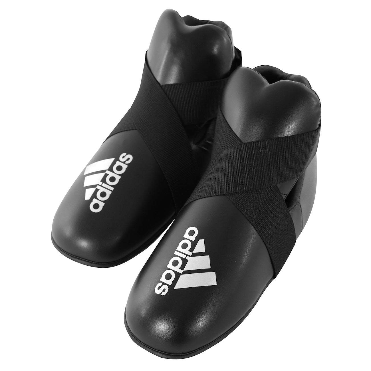 Black adidas full contact foot protectors with cross straps for karate and MMA training