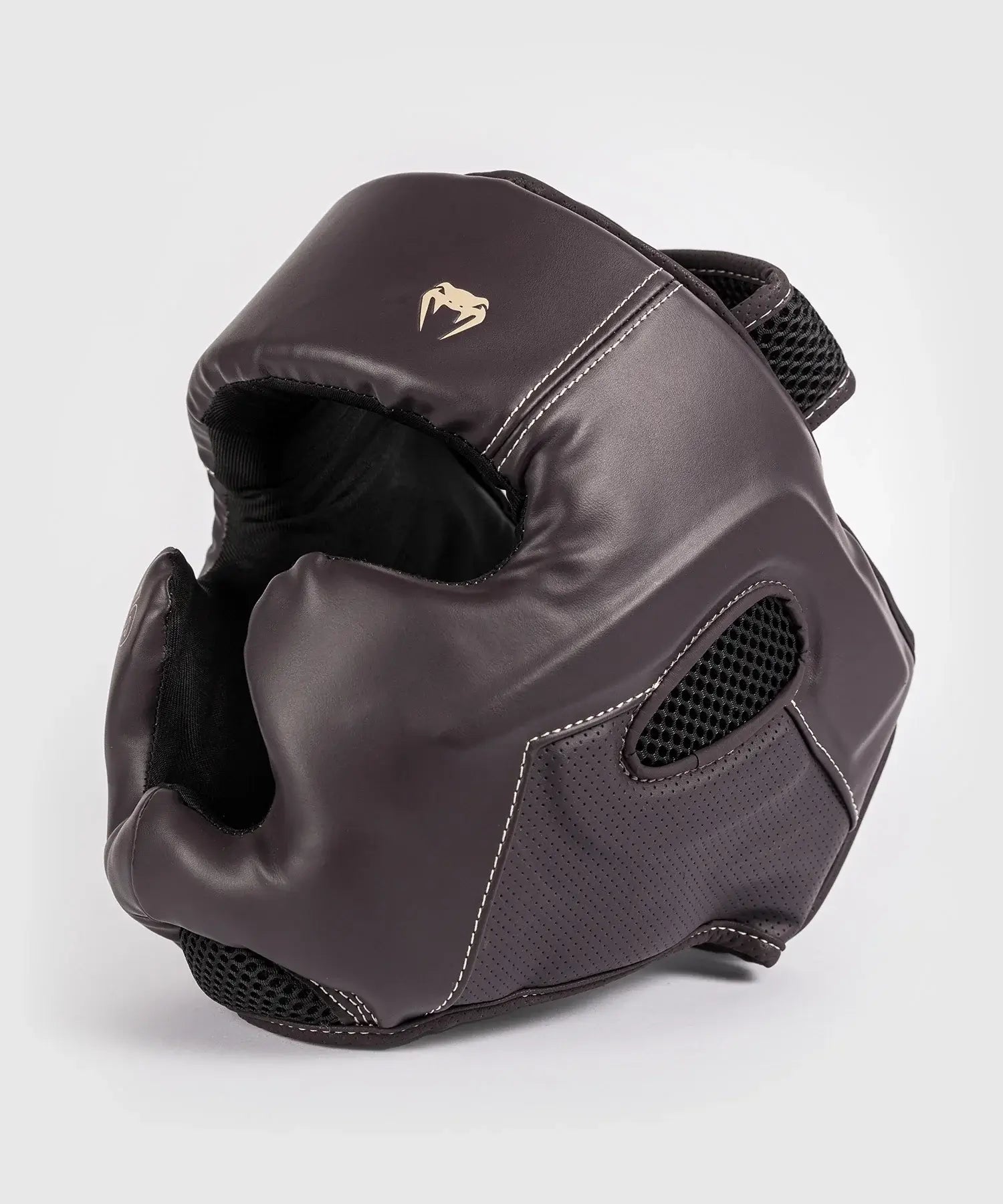 Chocolate-colored Casque Venum Impact Evo boxing headgear with premium Skintex leather and ventilated design
