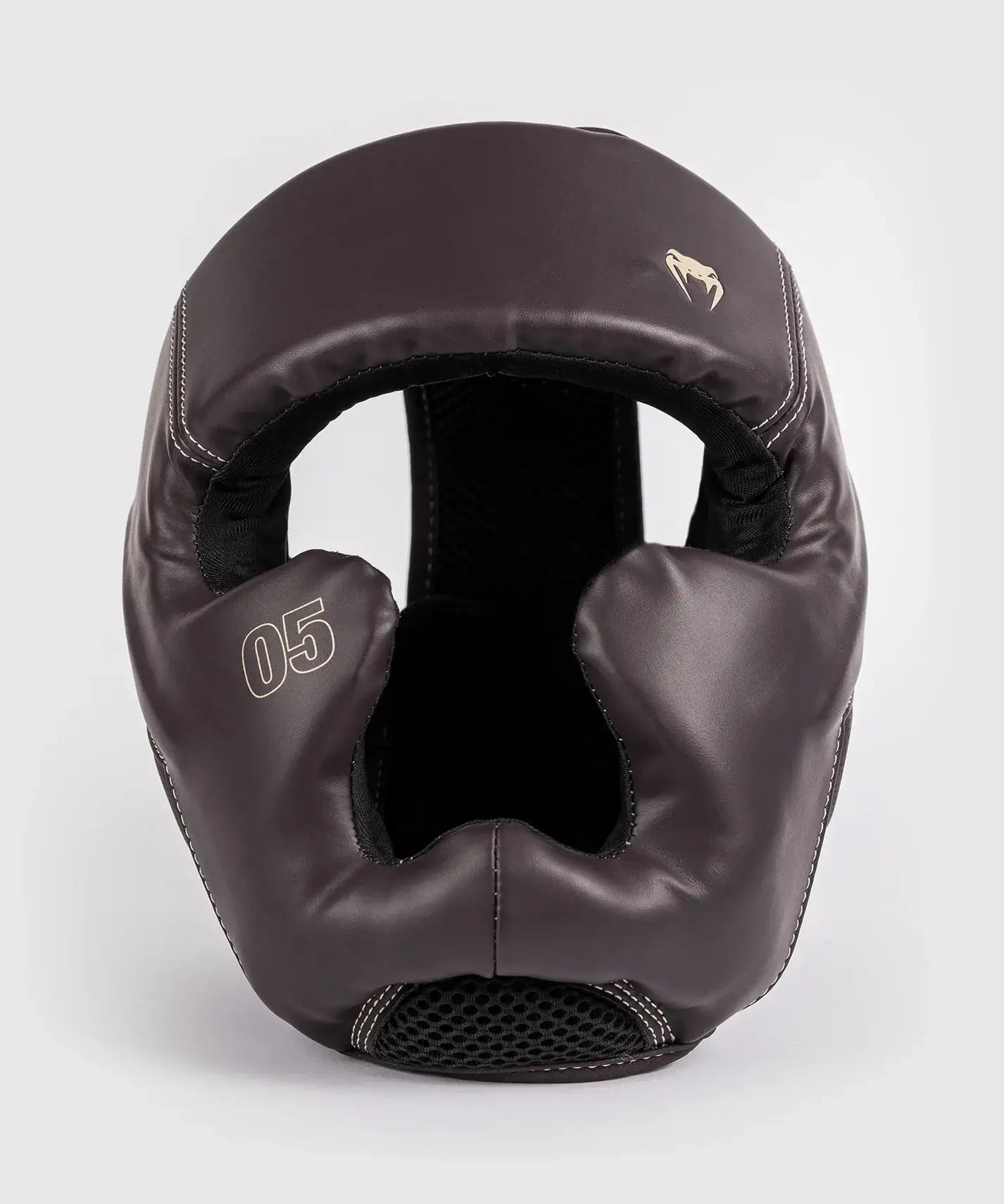Chocolate brown Venum Impact Evo boxing headgear with premium Skintex leather and triple-density foam protection