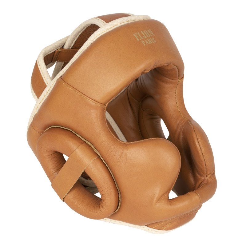Brown leather Casque de Boxe Elion full face boxing headgear with padded protection and adjustable straps.