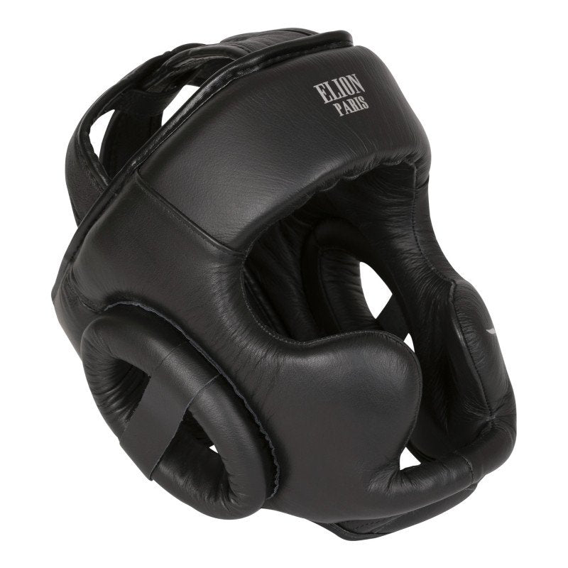Black Casque de Boxe Elion full leather boxing headgear with dense foam padding and ergonomic design for comfort and protection