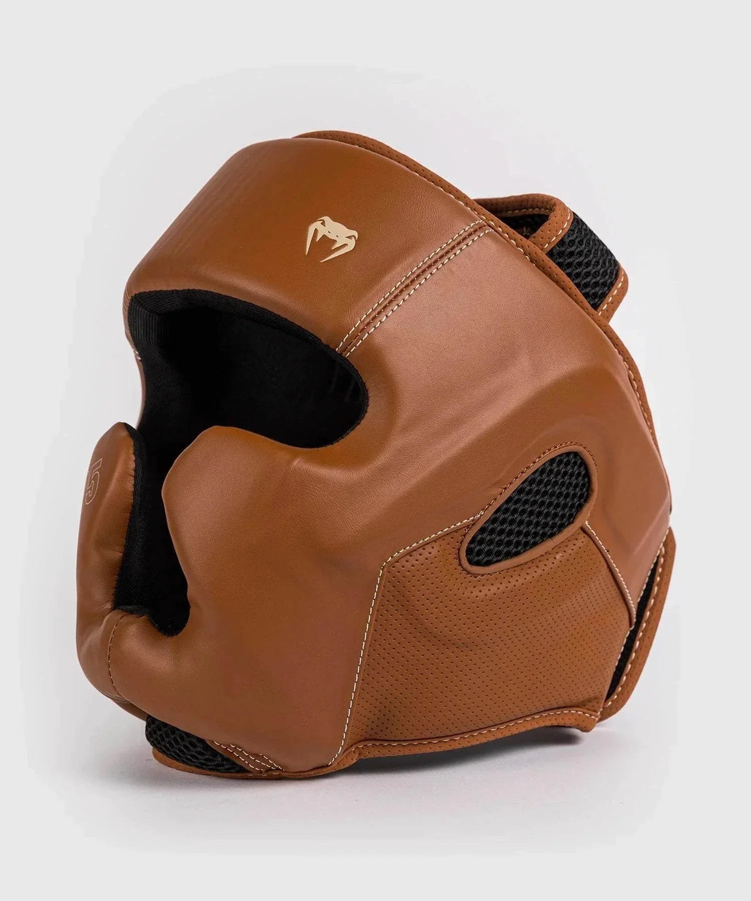 Venum Impact Evo Havana vintage style brown leather boxing headgear with multi-density foam and enhanced visibility protection