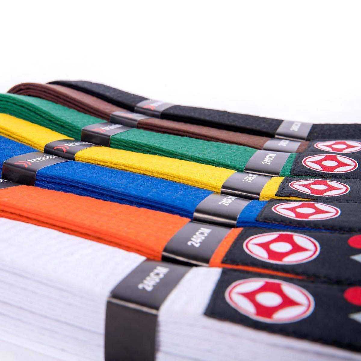 Set of colorful FUJIMAE Karate belts in white, orange, blue, yellow, green, brown, and black, made from durable cotton for Kyokushinkai practitioners.