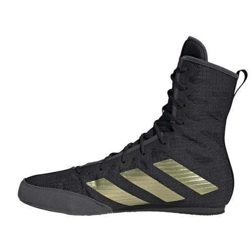 Black Adidas Box Hog IV boxing shoe with gold stripes, high ankle support and lightweight synthetic design