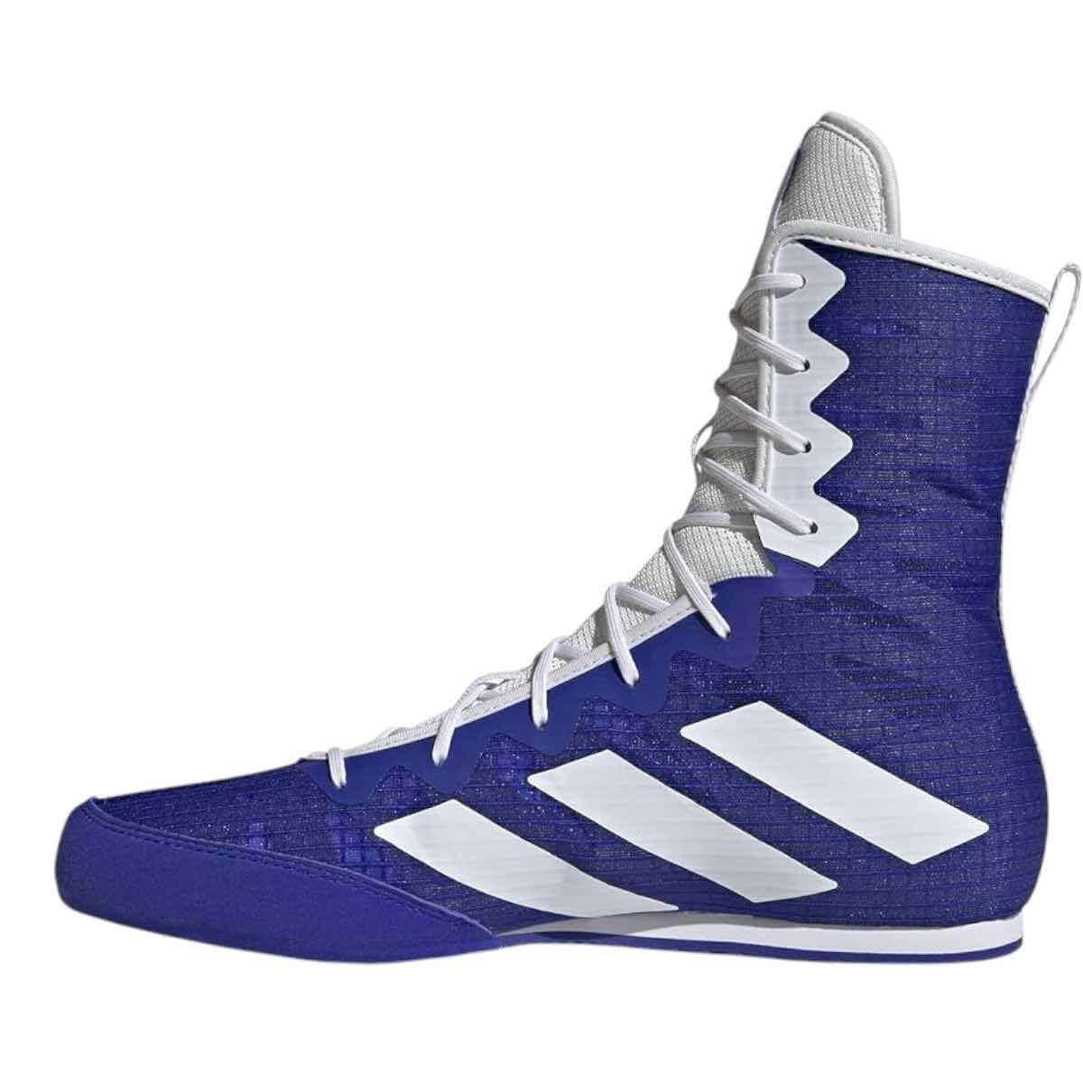 Blue Adidas Box Hog 4 boxing shoes with white stripes and high ankle support for lightweight, breathable performance and optimal grip