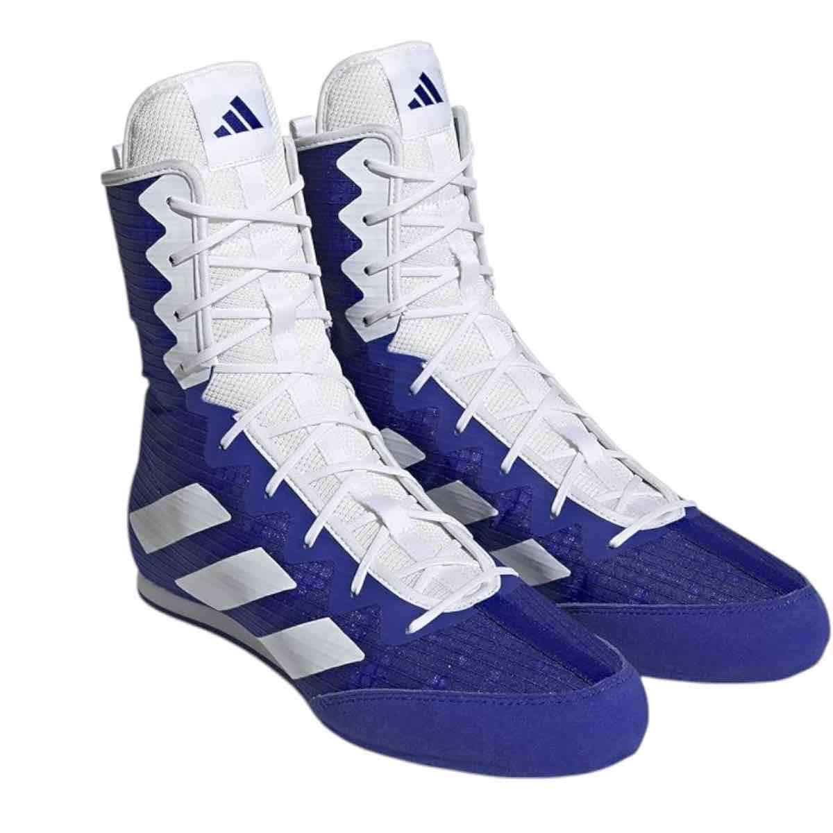 Blue and white Adidas Box Hog 4 boxing shoes with high ankle support and breathable mesh design