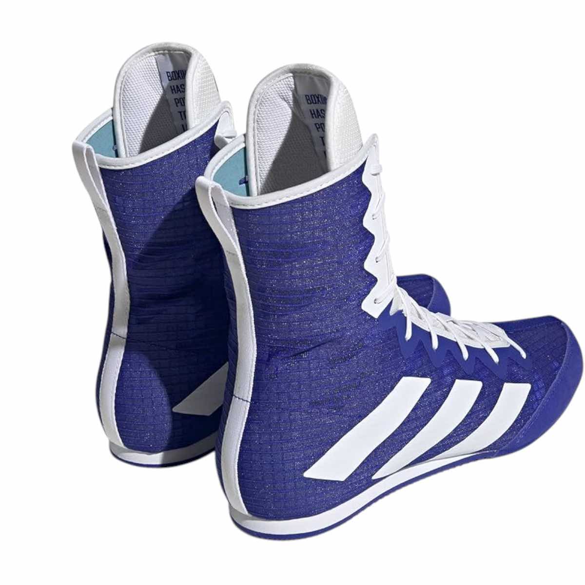 Blue Adidas Box Hog 4 lightweight boxing shoes with high ankle support and white stripes