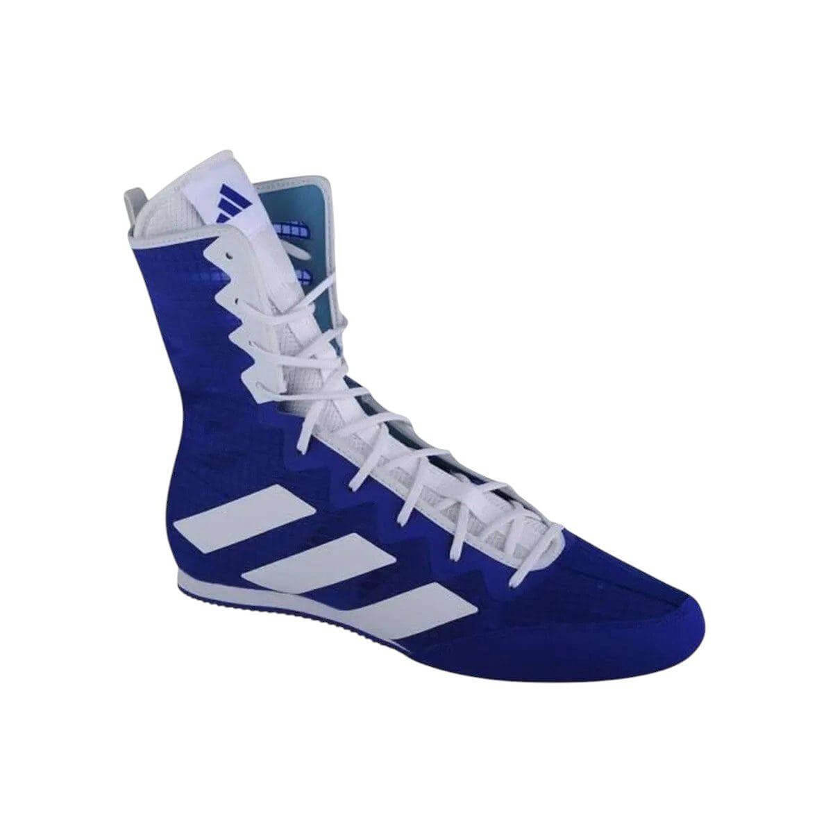 Blue Adidas Box Hog 4 boxing shoe with high ankle support and white stripes designed for lightweight performance and stability