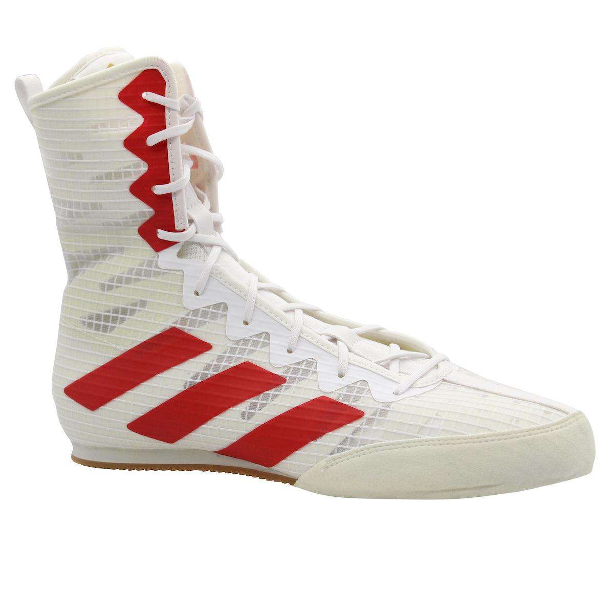 White and red Adidas Box Hog IV boxing shoes with high ankle support and lightweight mesh design for ventilation and grip