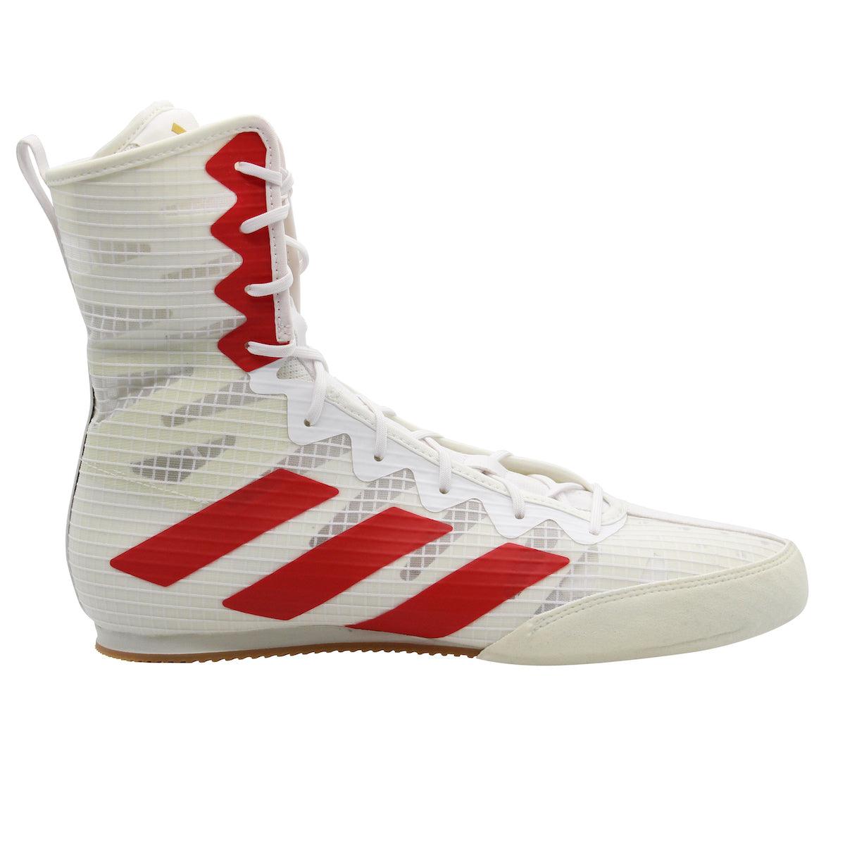 White Adidas Box Hog IV boxing shoe with red stripes, high ankle support, and lightweight synthetic design for boxing performance