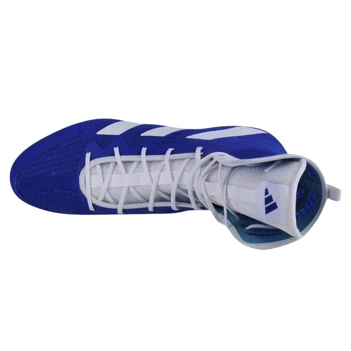 Blue and white Adidas Box Hog 4 boxing shoes with high ankle support and lightweight breathable design