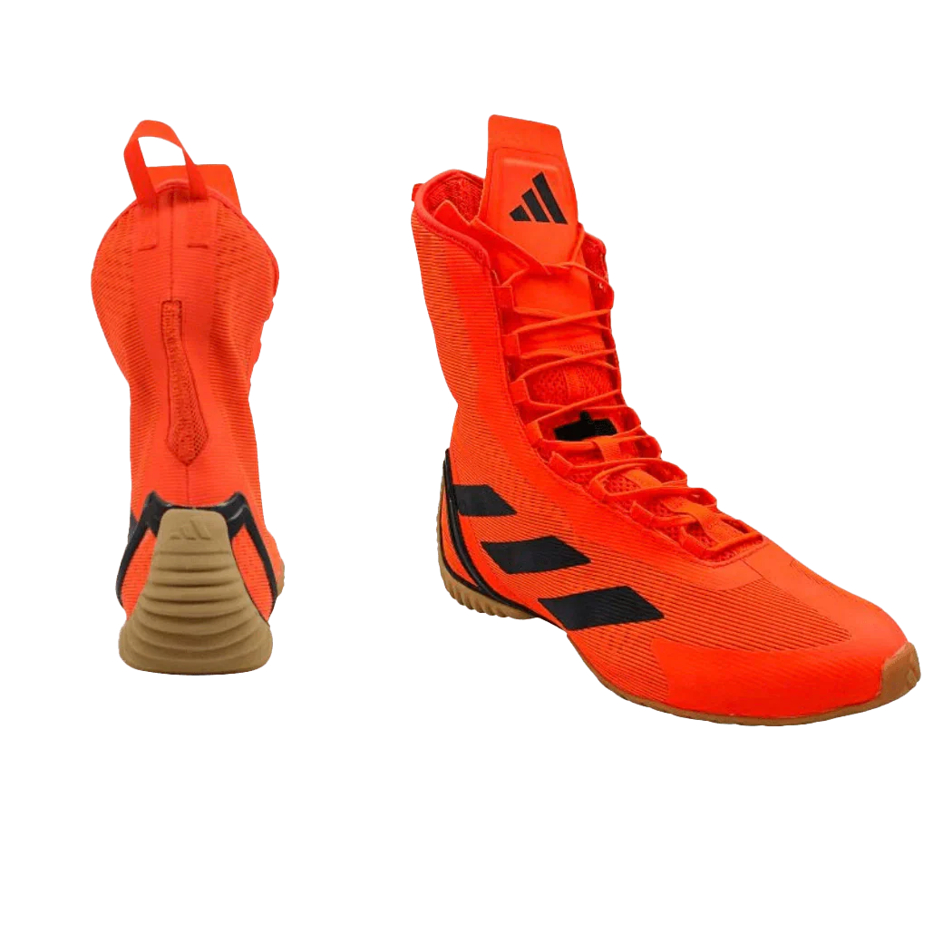 Chaussures de boxe Adidas Speedex rouge solaire ultra-légères avec tige en mesh respirant et maintien talon, idéales pour boxe anglaise.