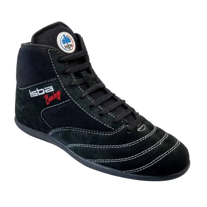 Black ISBA Fighter children's Savate boxing shoes with leather and polyamide upper, rubber sole, and shock-absorbing padding for training and competition