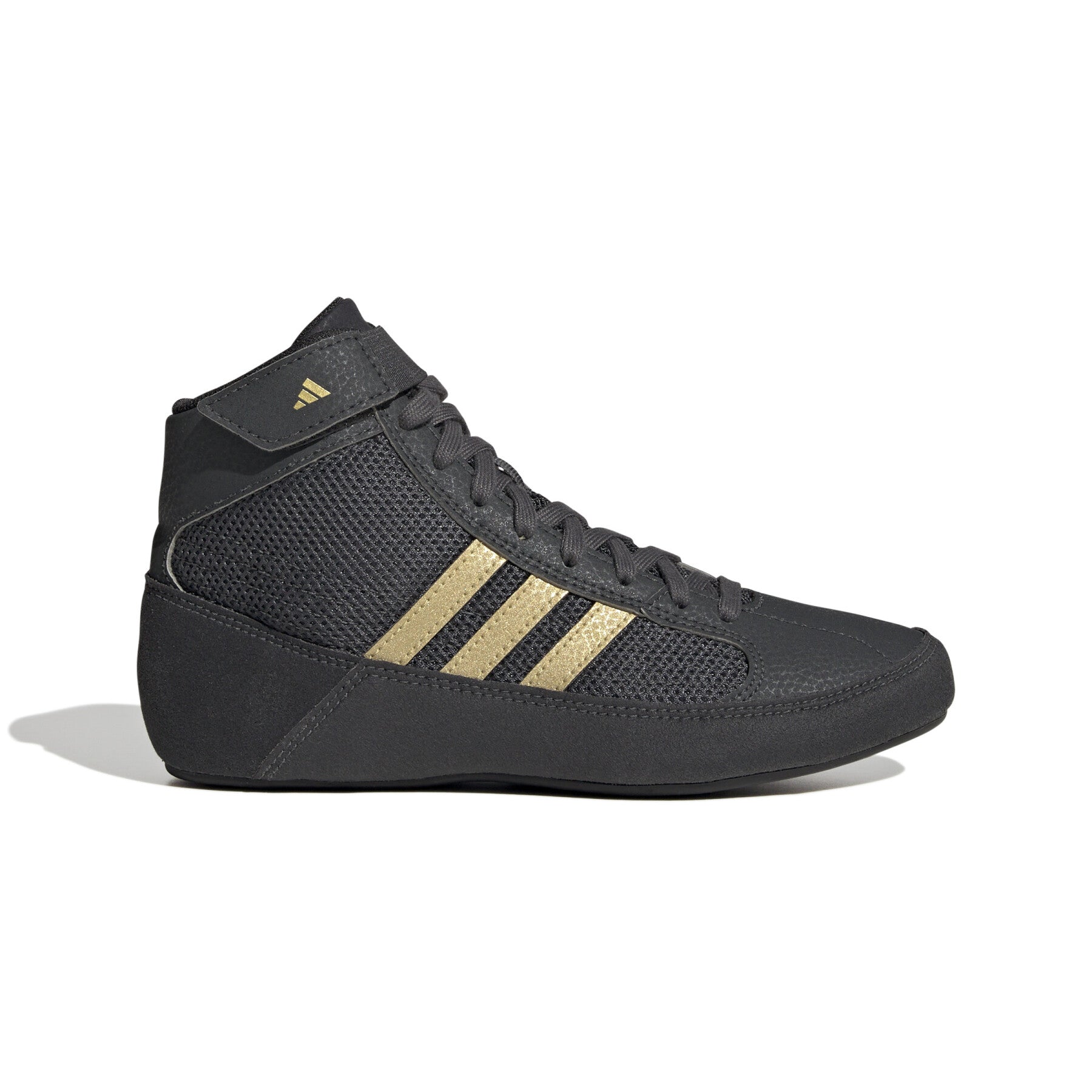 Gray and black Adidas HVC wrestling shoes for junior boys with gold stripes and breathable mesh design