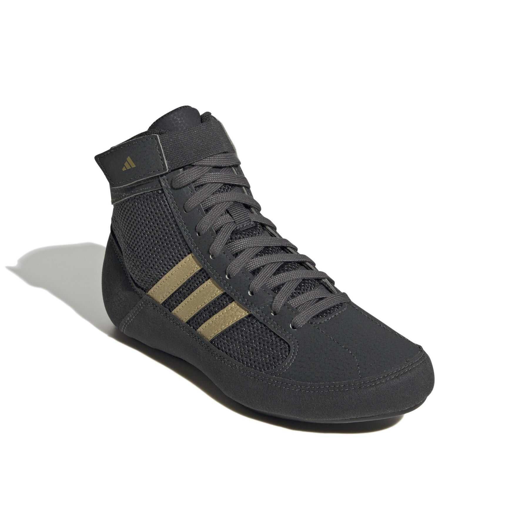 Adidas HVC junior wrestling shoe in grey black and gold with breathable mesh and high grip sole