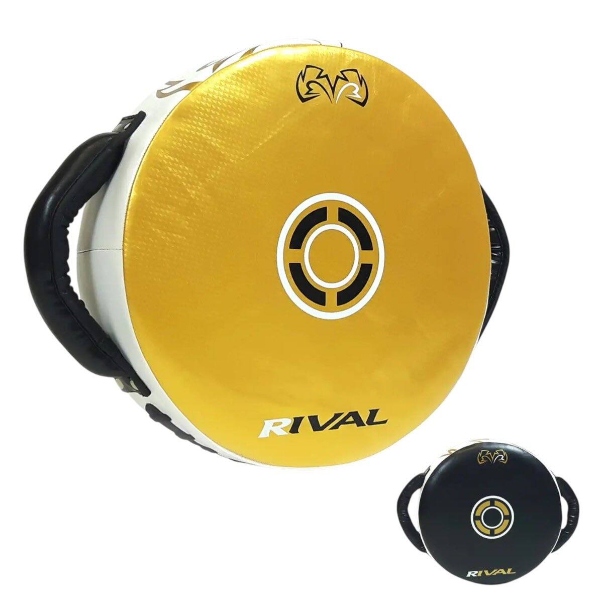 Cible de frappe ronde Rival Boxing noire et or en PU Carbonium ultra-résistant avec rembourrage mousse multilayer.