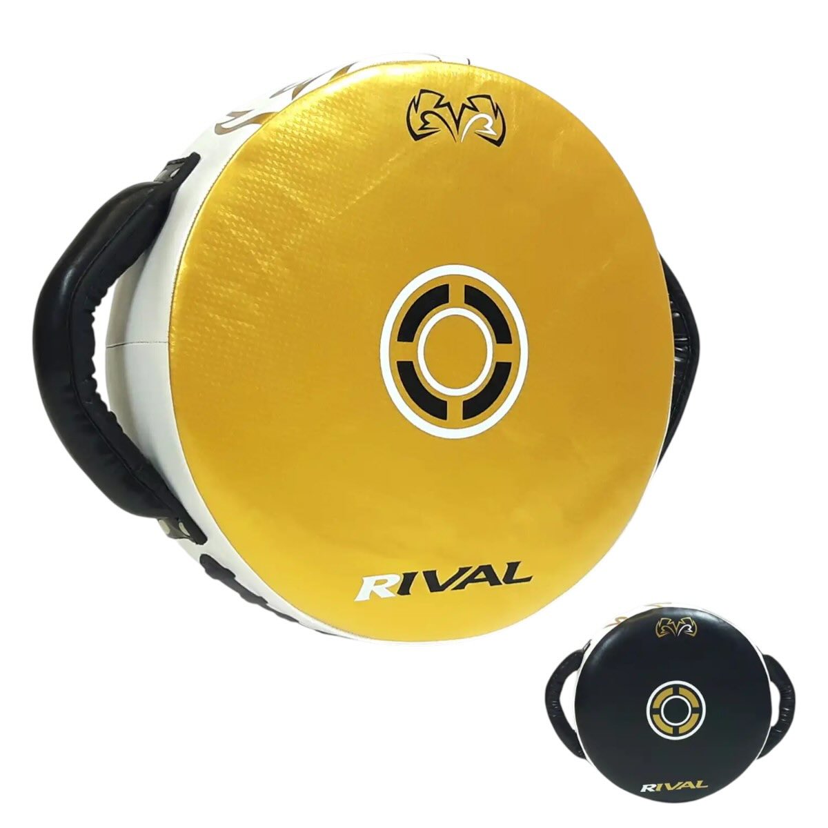 Cible de frappe ronde Rival Boxing noire et or en PU Carbonium ultra-résistant avec rembourrage mousse multilayer.