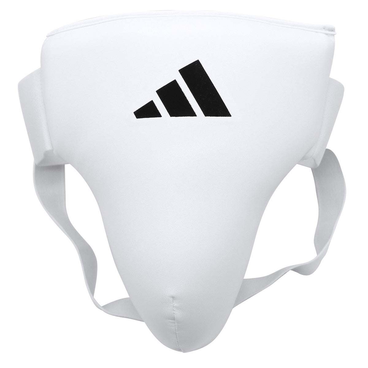 White Adidas anatomical male protective cup for martial arts and combat sports with elastic straps and high-density foam padding