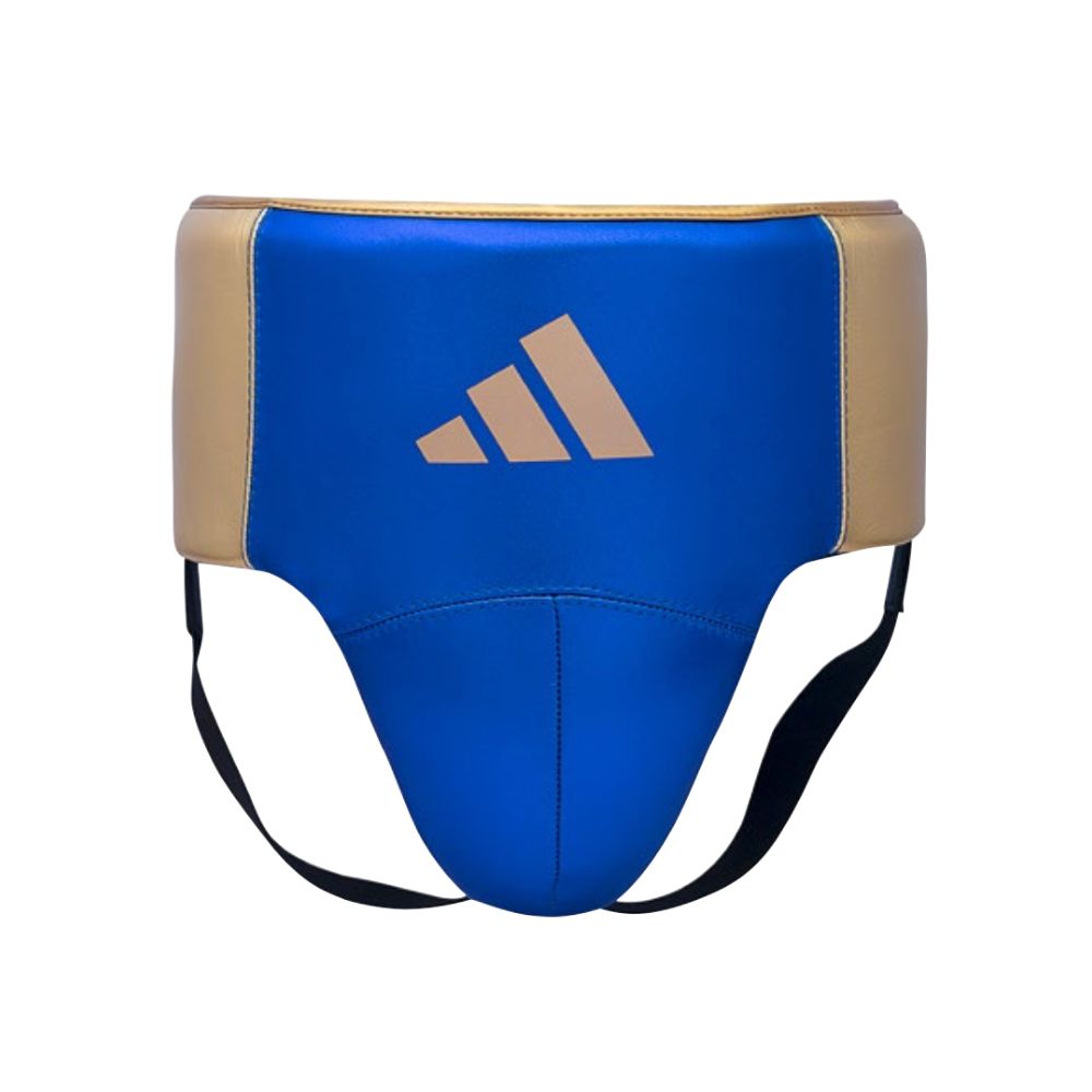 Blue and gold Adidas professional boxing groin protector with microfiber leather and secure adjustable straps