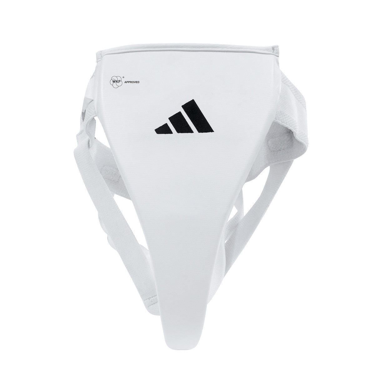 White Adidas WKF approved female protective groin guard for martial arts and combat sports
