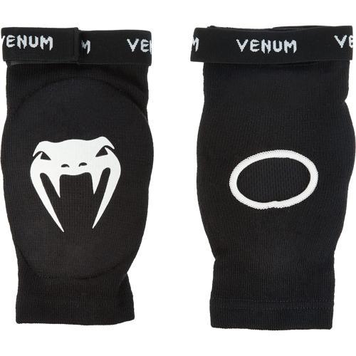 Black and white Venum Kontact elbow pads made of 100% cotton for Muay Thai and MMA protection.