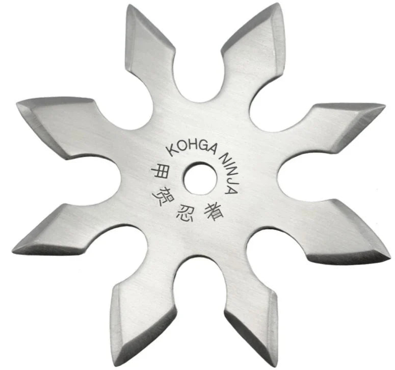Silver 8-branch stainless steel shuriken with KOHGA NINJA engraving, 97mm diameter, 3mm thick.