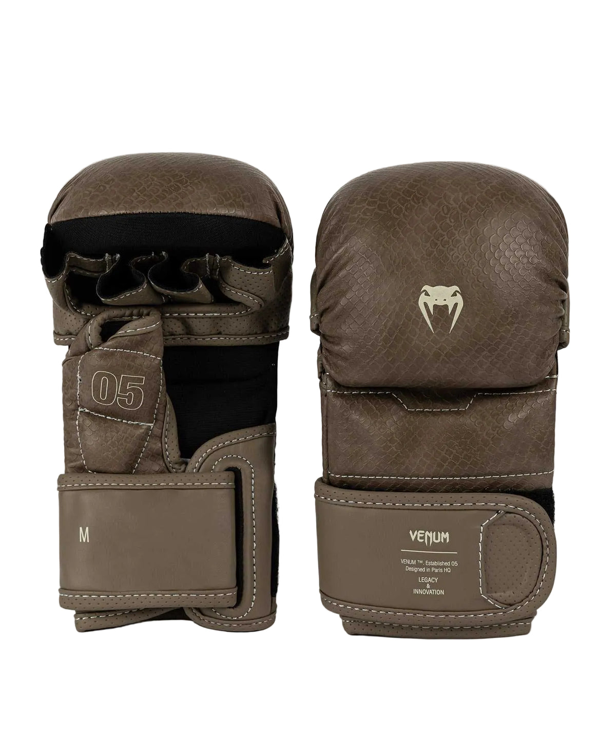 Gants de sparring MMA Venum Impact Evo Scales marron en cuir avec mousse multi-densité et paume ouverte