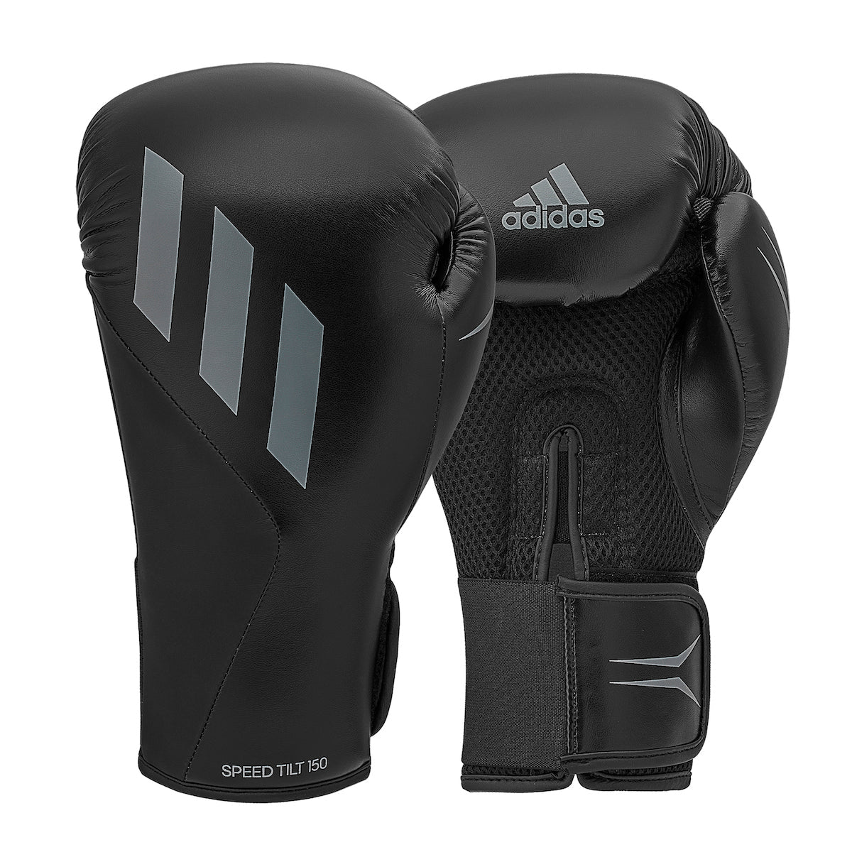 Black and grey Adidas Speed Tilt 150 training boxing gloves with mesh ventilation and secure Velcro strap.