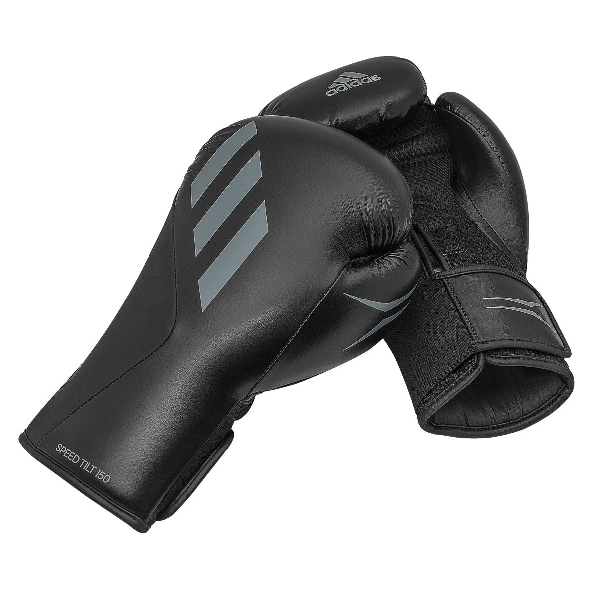 Pair of Adidas Speed Tilt 150 black and gray training boxing gloves with Velcro strap and breathable mesh design