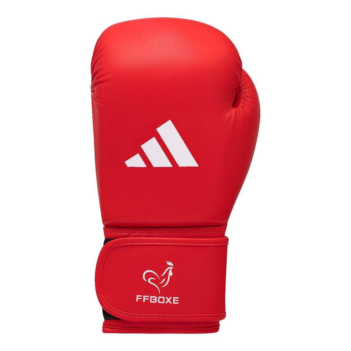 Gants de boxe amateur FFB Adidas rouges en PU avec fermeture scratch, approuvés IBA et FFB pour compétition