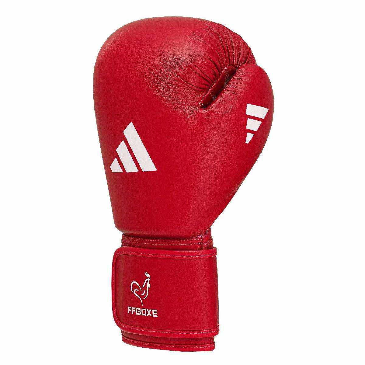 Gants de boxe amateur FFB Adidas rouges en PU avec fermeture scratch et mousse IMF, approuvés IBA pour compétition