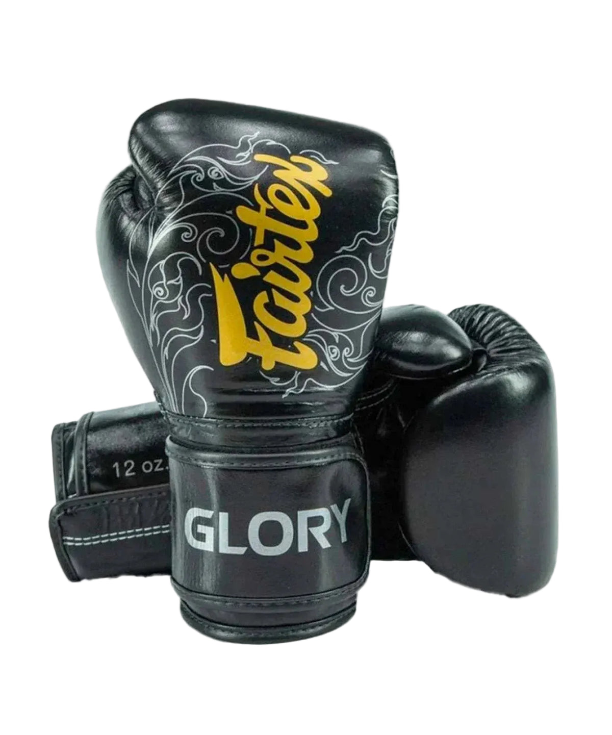 Gants de Boxe Fairtex x Glory noir en cuir avec mousse double densité, ergonomiques et fabriqués à la main en Thaïlande.