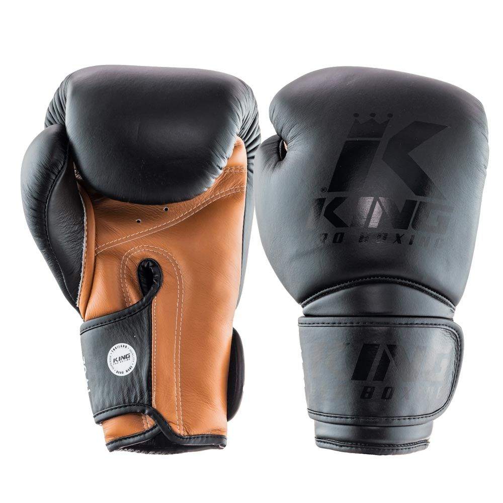 Gants de boxe King Pro noir et marron en cuir de vachette avec mousse à mémoire de forme et fermeture velcro pour un maintien optimal.