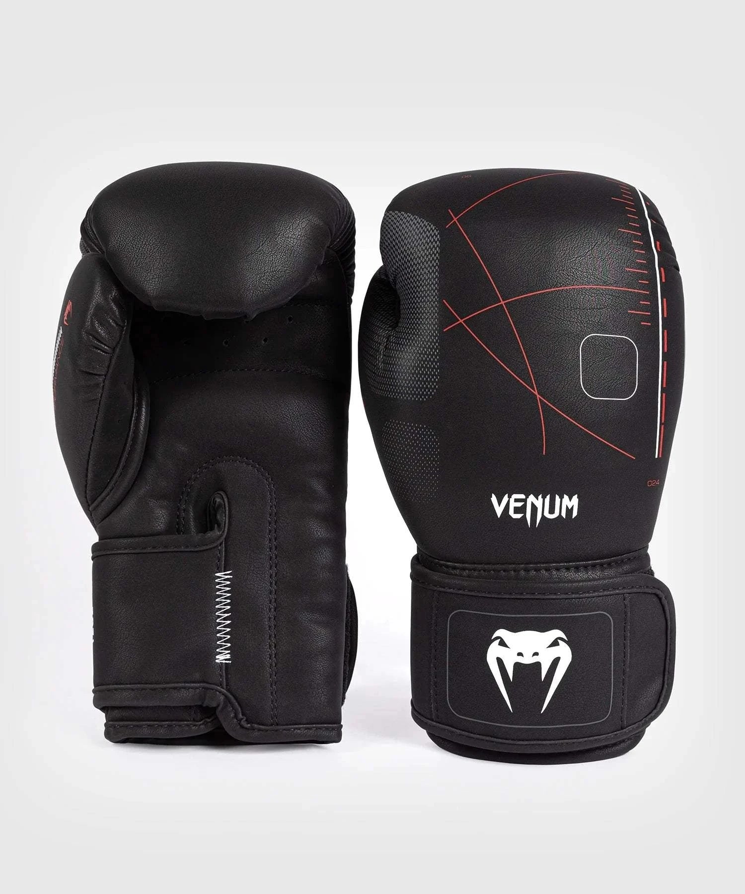 Pair of black and red fire design Venum Tactical XT boxing gloves with triple density foam and wide velcro wrist straps