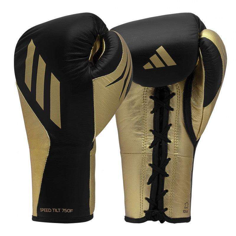 Gants de boxe Pro Adidas noir et or à fermetures lacets avec système d'inclinaison du poignet.