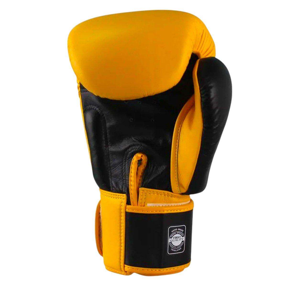 Yellow and black handmade Twins Classic boxing glove in premium Thai buffalo leather with high-density foam and palm ventilation holes