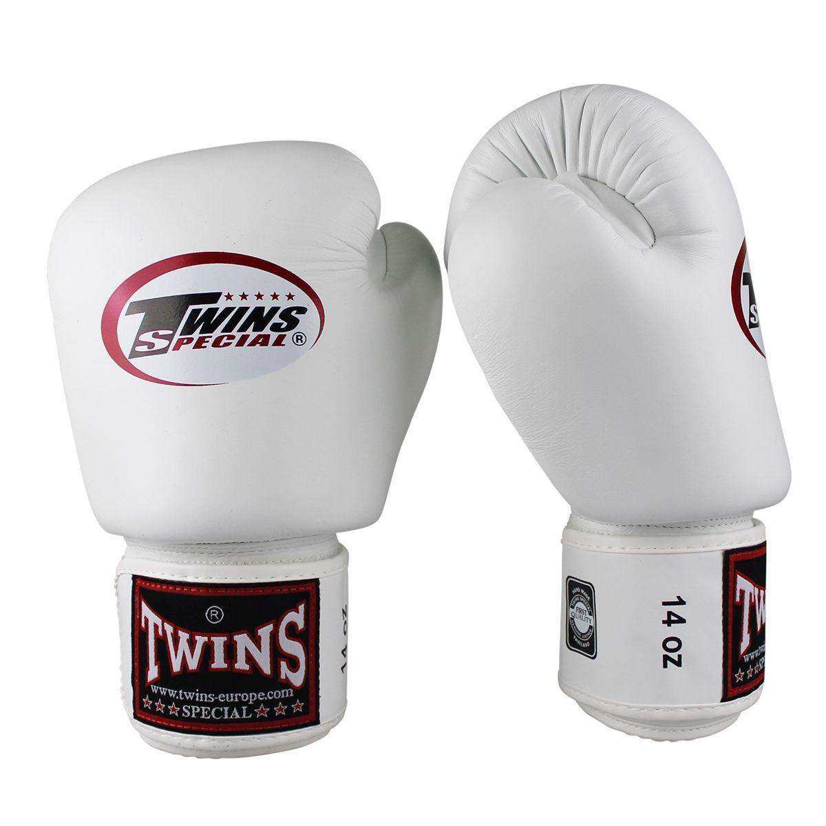 White Twins Classic boxing gloves with red and black logo, 14 oz, handmade Thai buffalo leather, high-density foam padding, ventilated palm.