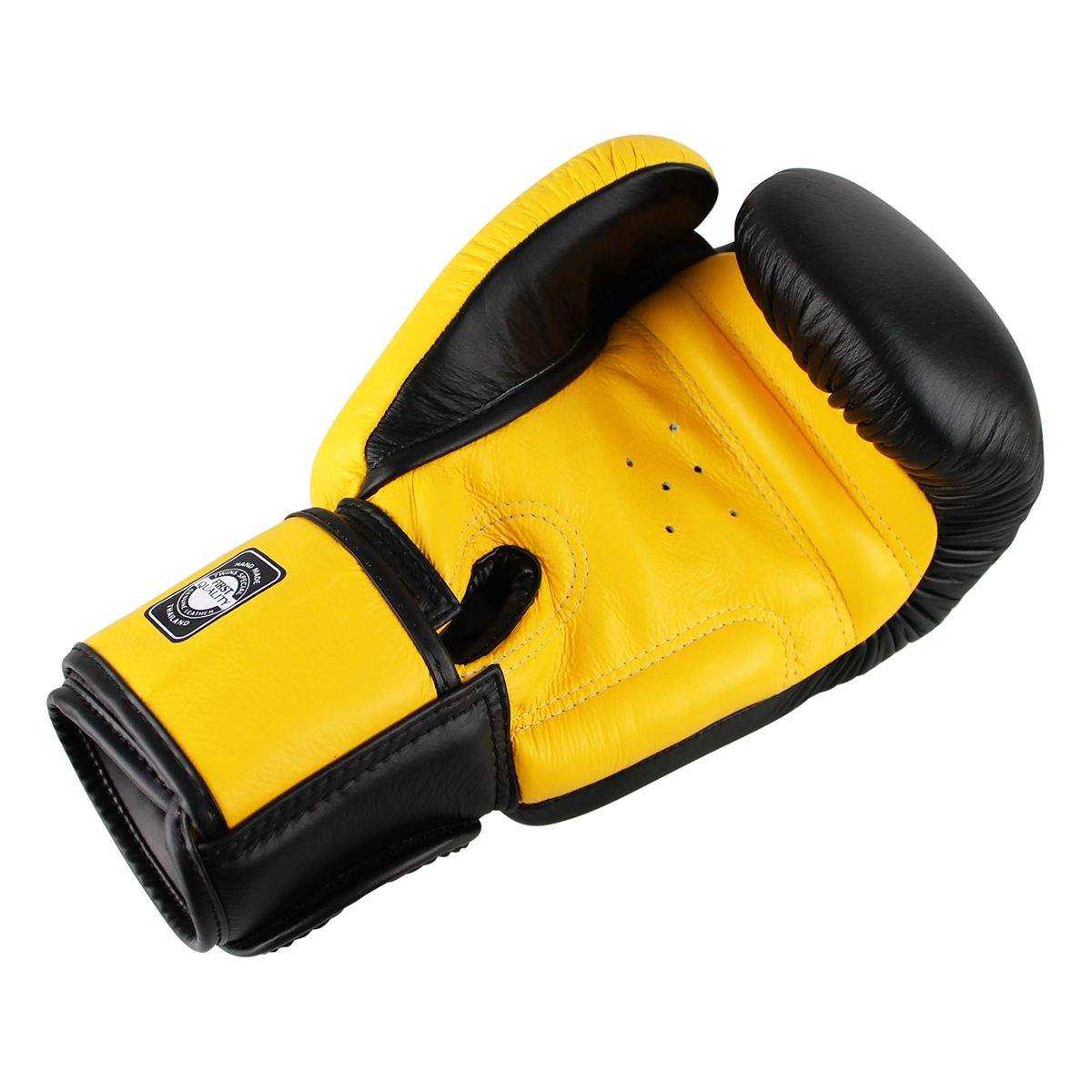Yellow and black Twins Classic boxing glove made of premium buffalo leather with reinforced palm protection and ventilation holes