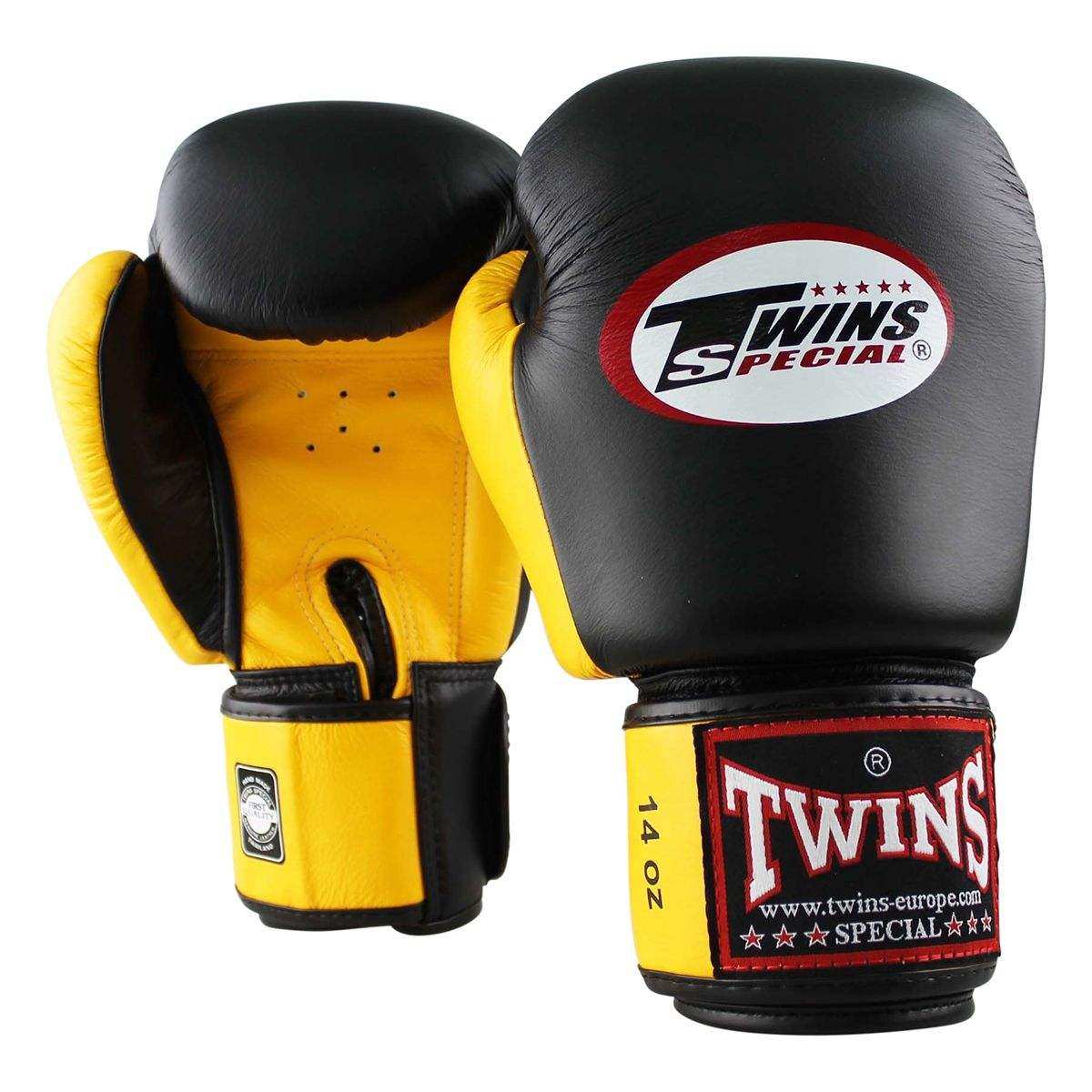 Black and yellow Twins Classic boxing gloves made of premium Thai buffalo leather with high-density foam protection and ventilation holes