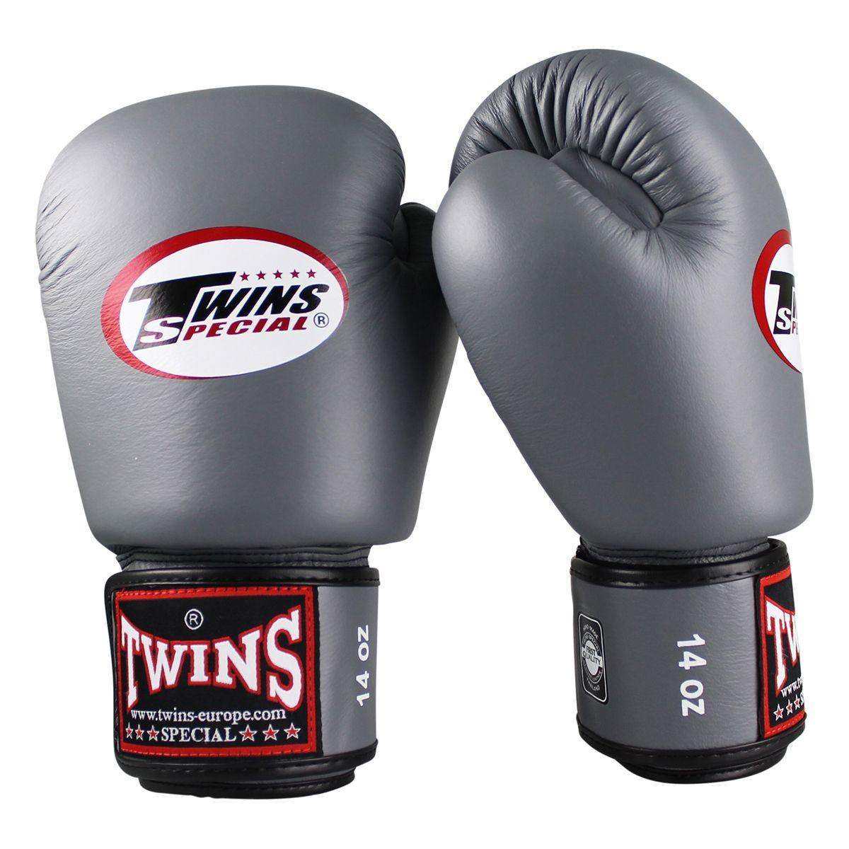 Gray Twins Classic boxing gloves made of premium Thai buffalo leather with ventilation holes and multi-layer foam protection, sizes 10 to 16 oz.