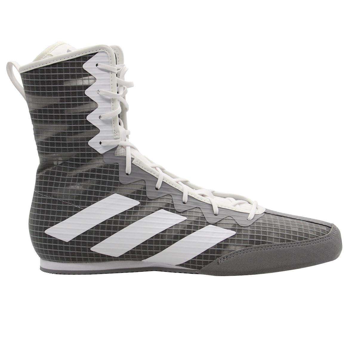 Adidas Box Hog IV boxing shoes in black and white with high ankle support and lightweight design