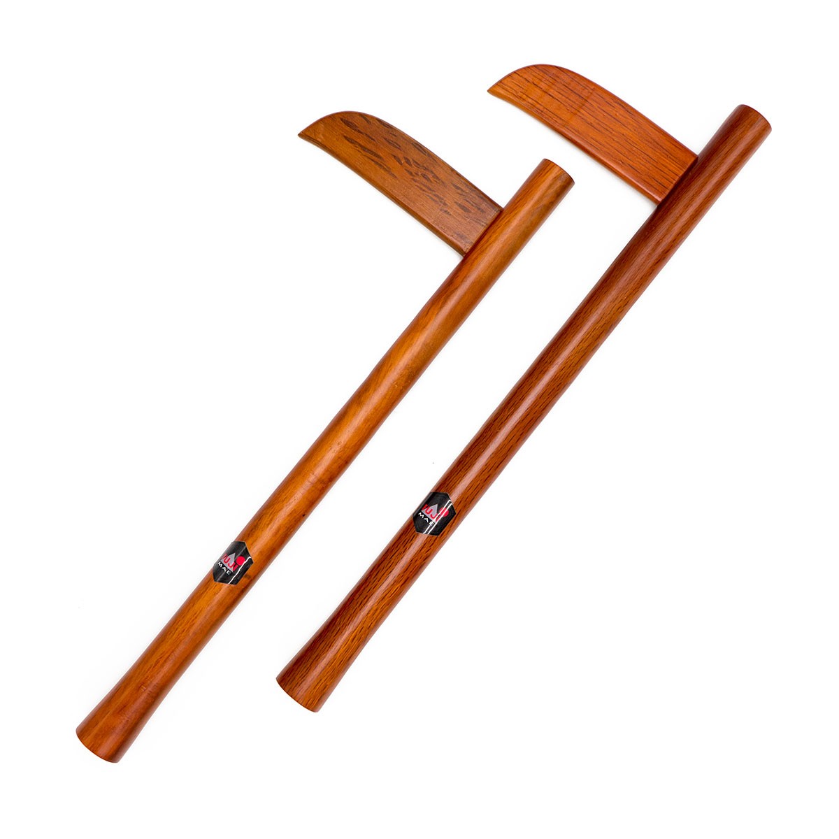Pair of red oak training Kamas for Kobudo and Ninjutsu martial arts with curved blades and polished finish