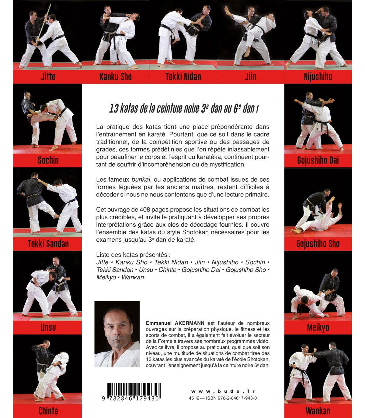 Book cover of "Karaté bunkai kata II" showing Shotokan kata combat applications with martial artists demonstrating techniques and an author photo by Emmanuel Akermann