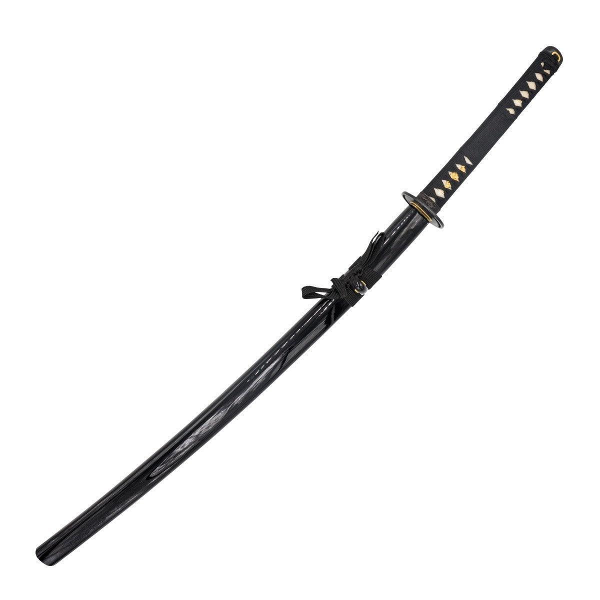 Black katana with Damascus steel blade, glossy black wooden saya, and black braided handle, designed for Aikido, Kendo, and Iaido martial arts.
